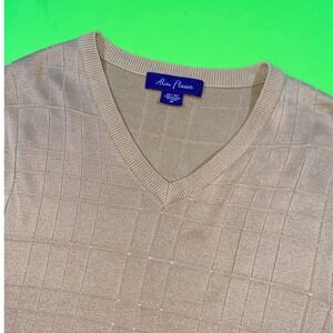 Alan Flusser Mens 100% Silk V-Neck Sweater Vest Tan Textured Grid Size Medium